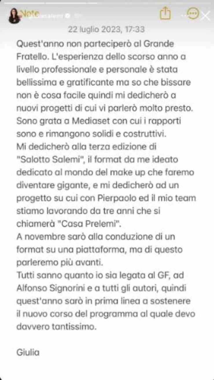Le dichiarazioni di Giulia Salemi