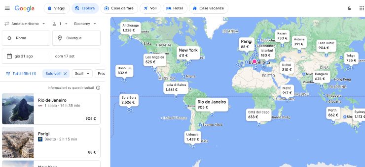 esplorare i voli economici con google flights